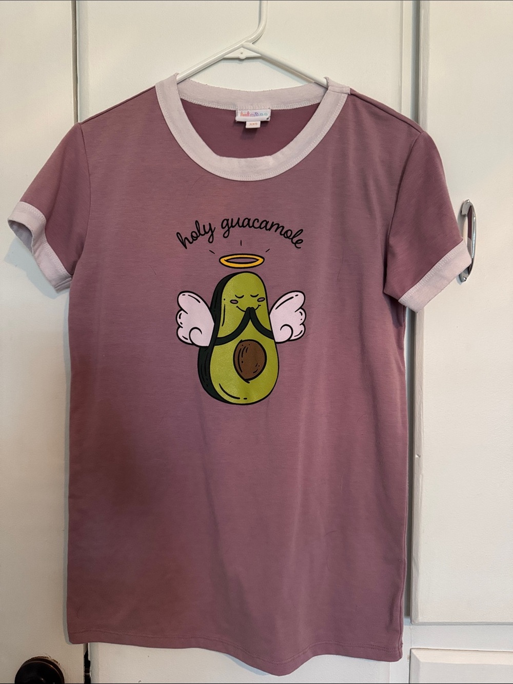 LuLaRoe Mauve Ringer Tee with Angel Avocado Graphic